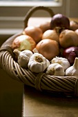 Onions and garlic in a basket