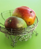 Two mangoes in a wire basket