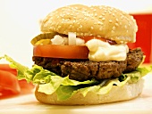A Hamburger with Mayo, Tomato, Onion, Lettuce and Pickle
