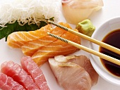 Sashimi mit Lachs und Thunfisch; Sojasauce; Stäbchen
