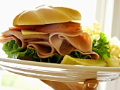 A Hand Holding a Plate with a Ham Sandwich on a Kaiser Roll