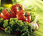 Salatzutaten: Tomaten, Knoblauch, Petersilie
