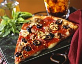 Slice of Pepperoni, Mushroom and Olive Pizza; Soda