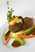 Steak Jolene: Beef Fillet with Prawn and Herb Infused Mashed Potato and Mustard Port Demi-Glace
