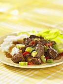 Beef ragout with vegetables and mashed potatoes