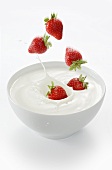 Strawberries falling into a bowl of yogurt