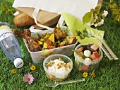 A picnic with chicken and salad on a field