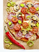 Pizza mit Salami, Champignons, Tomaten, Lauch, Mozzarella und Chilischote