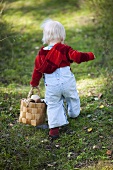 A little girl carrying a basket of mushrooms