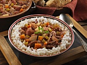 Pork and vegetable ragout on a bed of rice