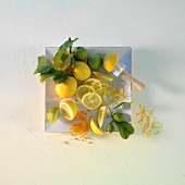 Lemons and limes with leaves on a square plate