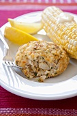 Classic Crab Cake with Corn on the Cob and Lemon Wedges