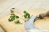 Parsley and chopping knife on a wooden cutting board