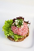 A canape with raw minced meat and onions