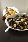 Bowl of Steamed Mussels with a Spoon; Grilled Bread Slices