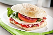 Salami and Cheese Sandwich with Lettuce, Tomato and Onion on Ciabatta Bread