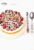 A berry tart dusted with icing sugar