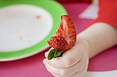 A child holding a strawberry with a bite taken out of it