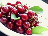 Cherries with leaves on plate