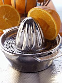Orange auf Zitruspresse mit Wassertropfen