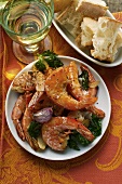 Barbecued shrimps; white bread; white wine