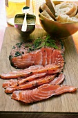 Graved lachs with dill; mustard sauce; baguette