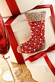 Christmas decoration: red boot and gift boxes