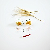 Face made from cereal ears, spices and Physalis