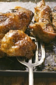 Crispy roast turkey pieces on baking tray