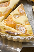 Apricot tart with icing sugar, pieces cut