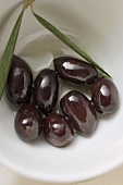 Black olives with olive branch in bowl