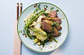 Duck breast with rice noodles and green asparagus (China)