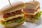 Sub sandwich, halved, on sandwich wrap