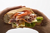 Hands holding ham and cheese sub sandwich