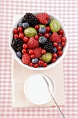 Fresh summer berries in white bowl, sugar beside it