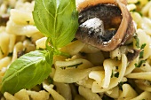 Fusilli with anchovies and basil (close-up)