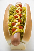 Hot dog with relish, mustard and ketchup