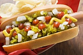 Hot Dog mit Relish, Senf, Ketchup, Zwiebeln und Chips