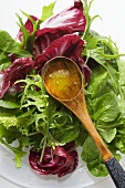 Mixed salad leaves and vinaigrette in wooden spoon