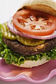 Home-made hamburger with gherkins, onions, tomato