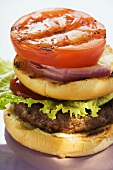Home-made hamburger with onions and grilled tomato
