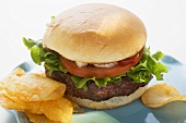 Hamburger with tomato, onions, ketchup and crisps