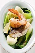 Shrimps and fish with pak choi