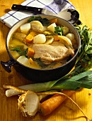 Duck soup with Teltow turnips in pan
