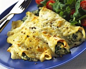 Baked pancake rolls with cheese and spinach filling