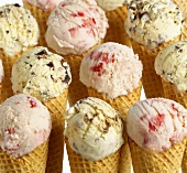 Ice cream cones with different kinds of ice cream