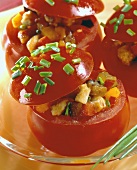 Tomatoes stuffed with aubergines and chicken