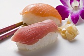 Nigiri sushi with tuna and salmon and preserved ginger