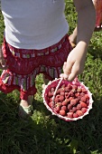 Girl holding small basket of freshly picked raspberries