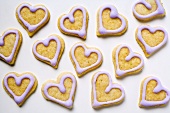 Heart-shaped biscuits with lilac icing